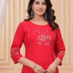 Elephant Print Red Cotton Kurta Pant Set | Jaipuri Hand Block Kurti with Pant |