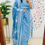 Blue Printed Handwork Kurti Pant Dupatta Set Indian Cotton Straight Salwar Kameez Set Summer Dress