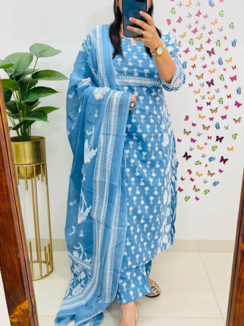 Blue Printed Handwork Kurti Pant Dupatta Set Indian Cotton Straight Salwar Kameez Set Summer Dress