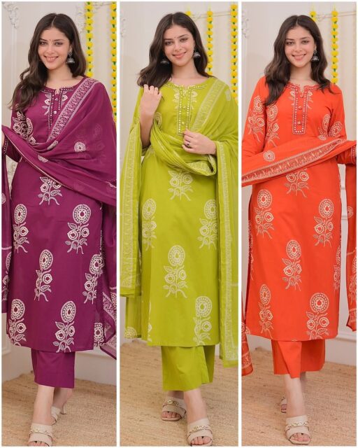 Cotton Print Kurta Pant Dupatta Set | Pure Cotton Kurti with Embroidery | Day Event & Festival Wear Women