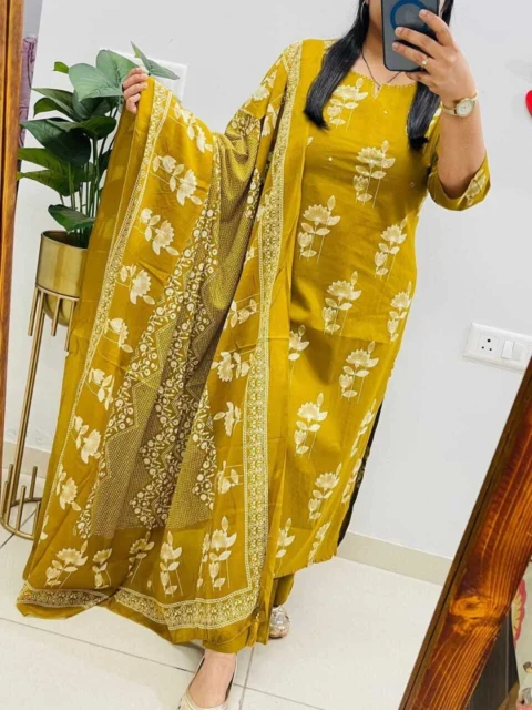 Vanya Lifestyle Women's Mustard Floral Printed Kurta Pant Dupatta Set