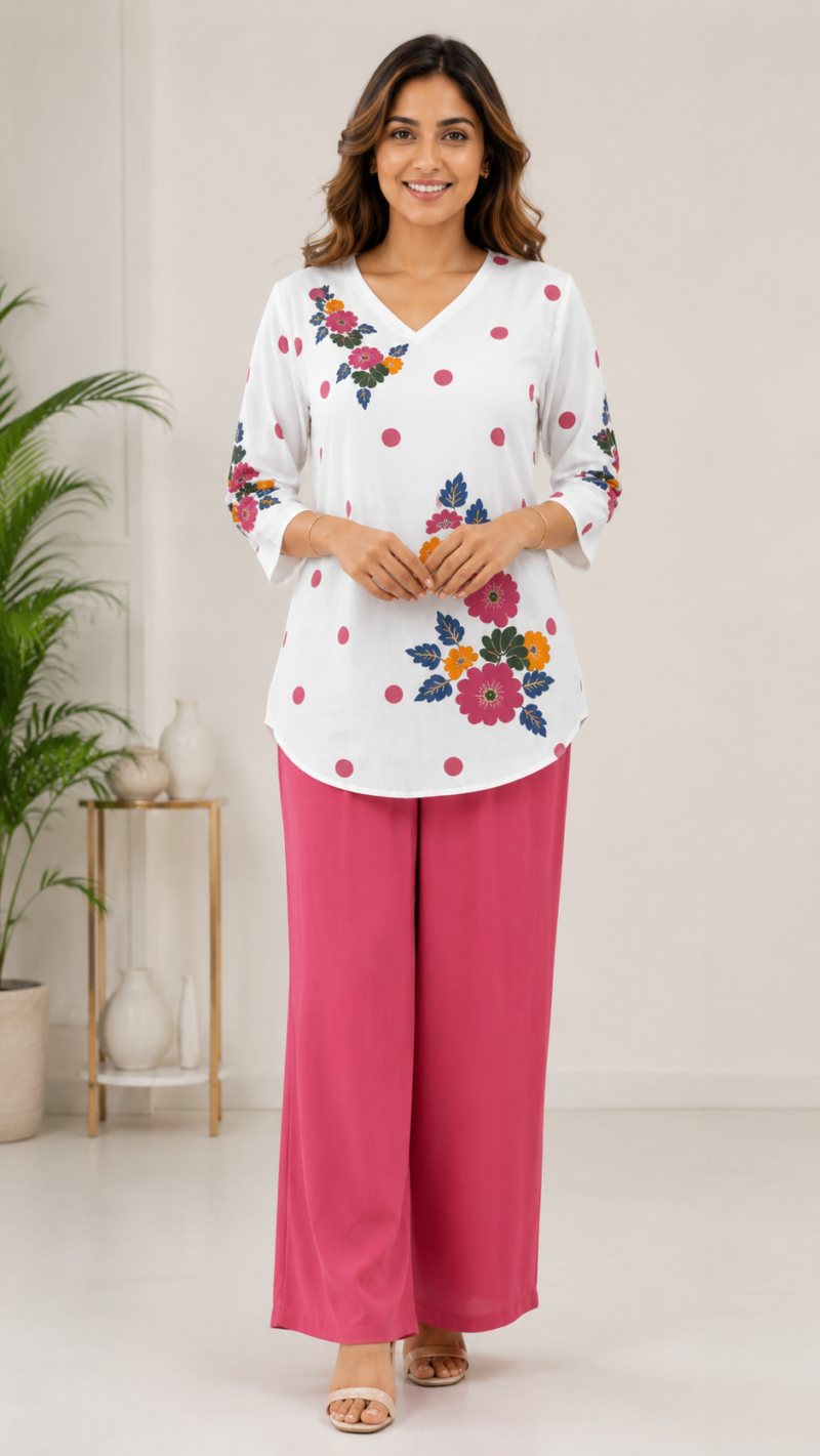 Women's Cotton Mul Floral Printed Co-Ord Set | 2 Piece Top & Palazzo Set | White Base | Casual, Office & Summer Wear