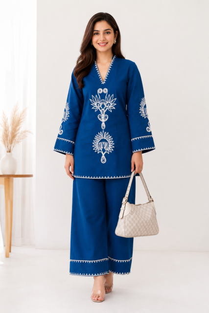 Women's Blue Cotton 2 Piece Co-Ord Set | Embroidered Kurta & Palazzo | Sanganer Kurti Wala