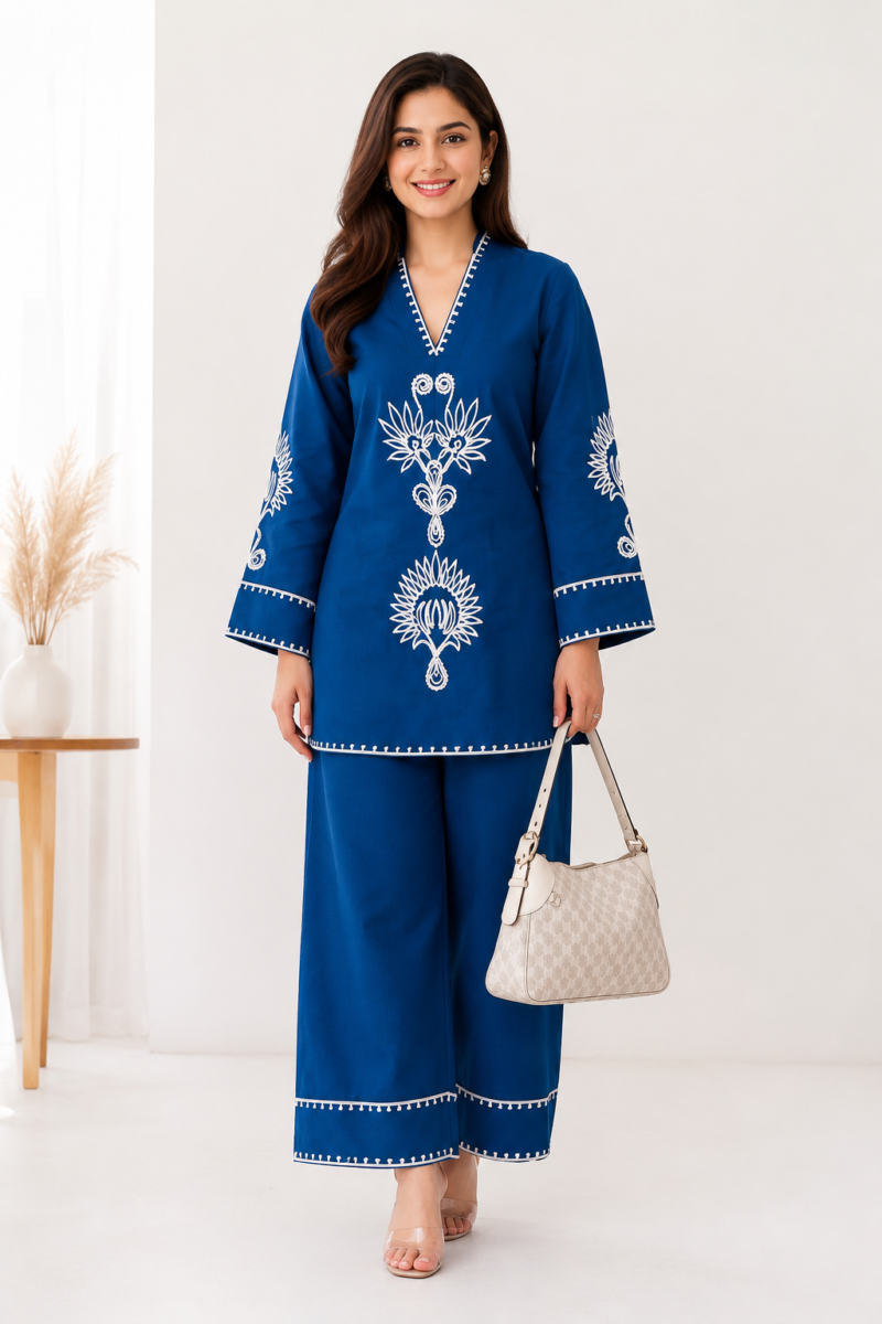 Women's Blue Cotton 2 Piece Co-Ord Set | Embroidered Kurta & Palazzo | Sanganer Kurti Wala