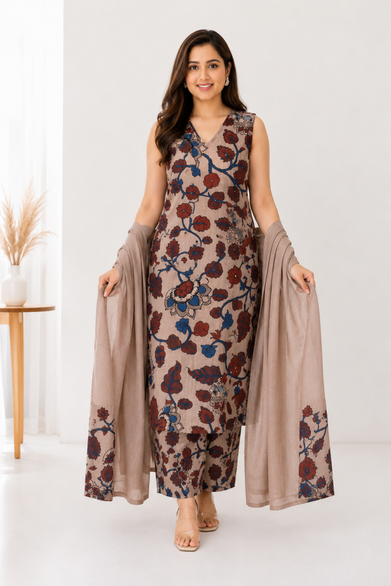 Women's Floral Print Cotton 3 Piece Kurta Set with Dupatta | Sleeveless | Sanganer Kurti Wala