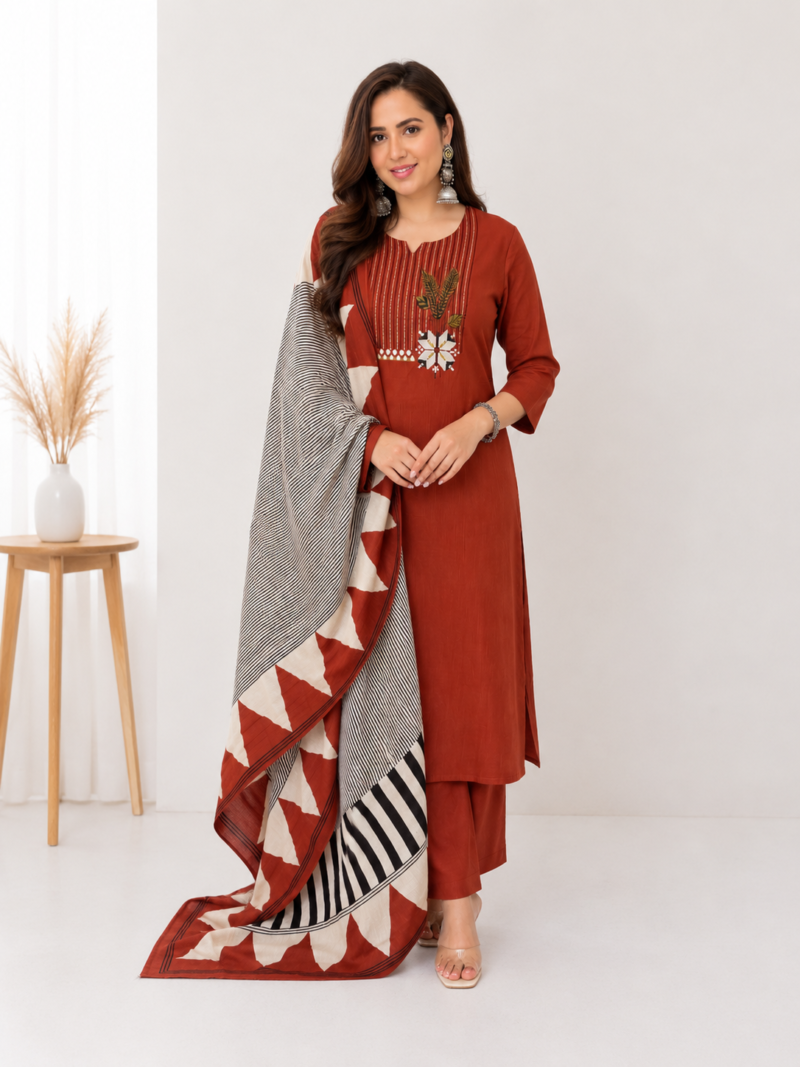 Women's Rust Cotton 3 Piece Kurta Set with Dupatta | Embroidered | Sanganer Kurti Wala