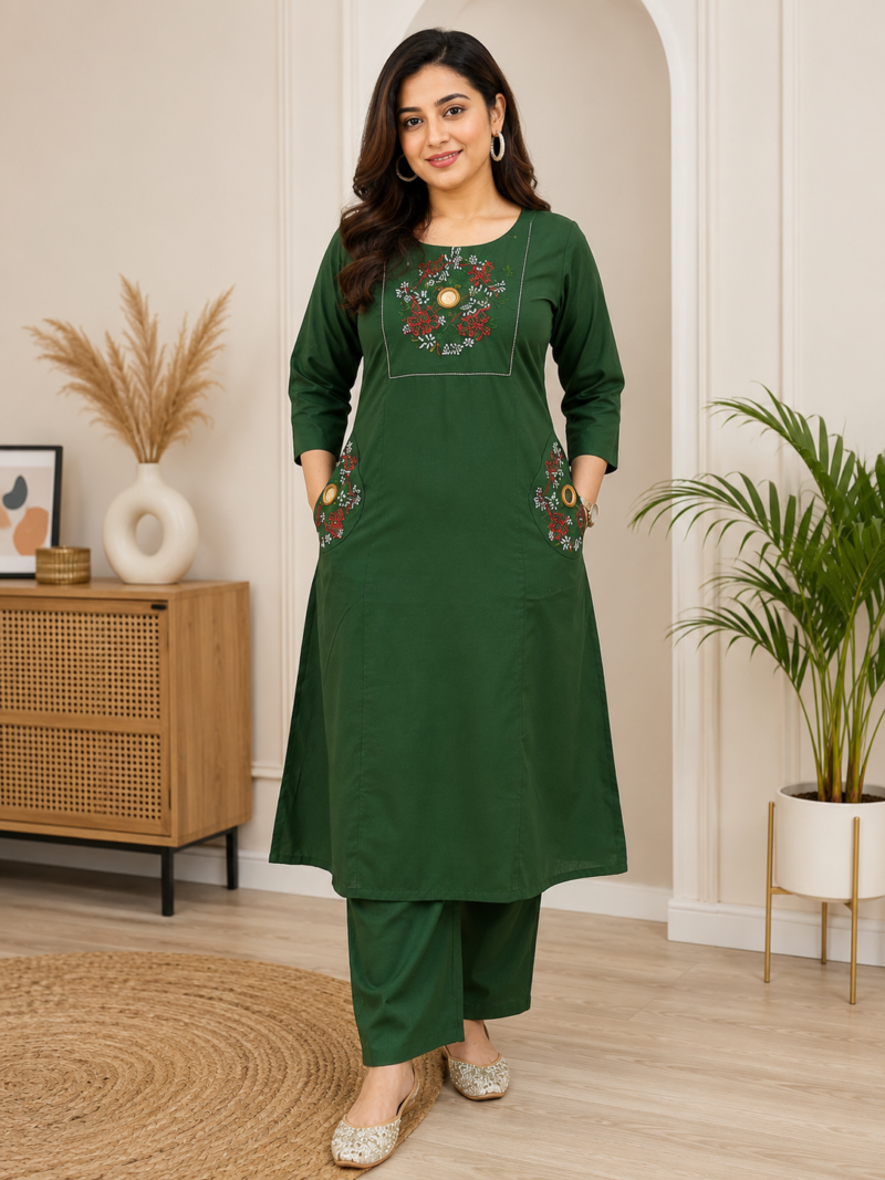 Women's Green Cotton 2 Piece Co-Ord Set | Embroidered Kurta & Pant | Sanganer Kurti Wala