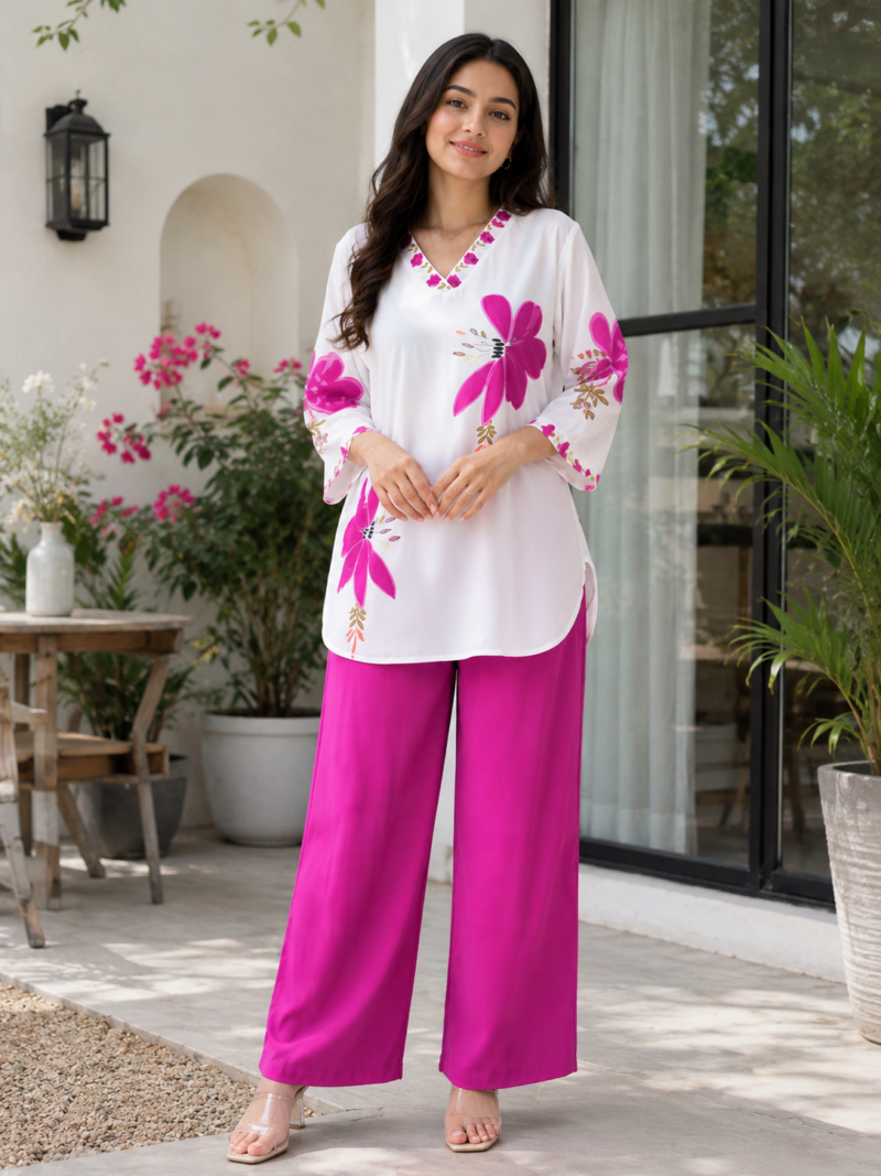 Women's Cotton Mul Floral Printed Co-Ord Set – White & Fuchsia Pink | SanganerKurtiWala