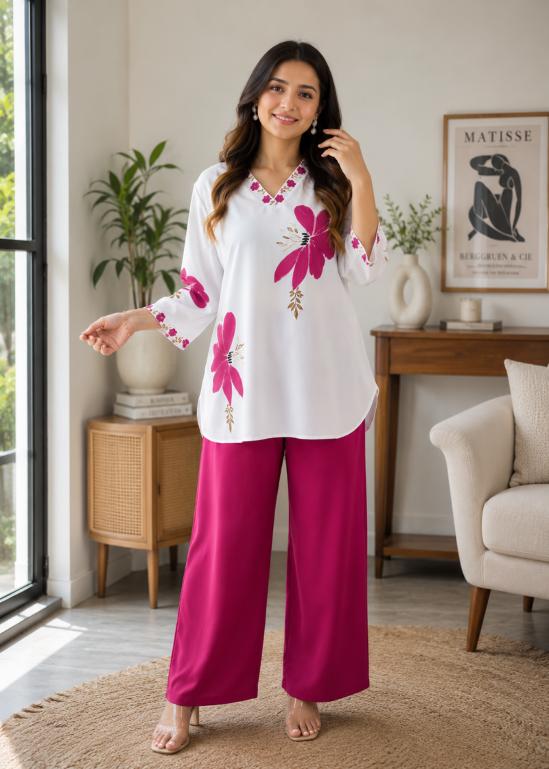 Women's Cotton Mul Floral Printed Co-Ord Set – White Top with Pink Palazzo | SanganerKurtiWala