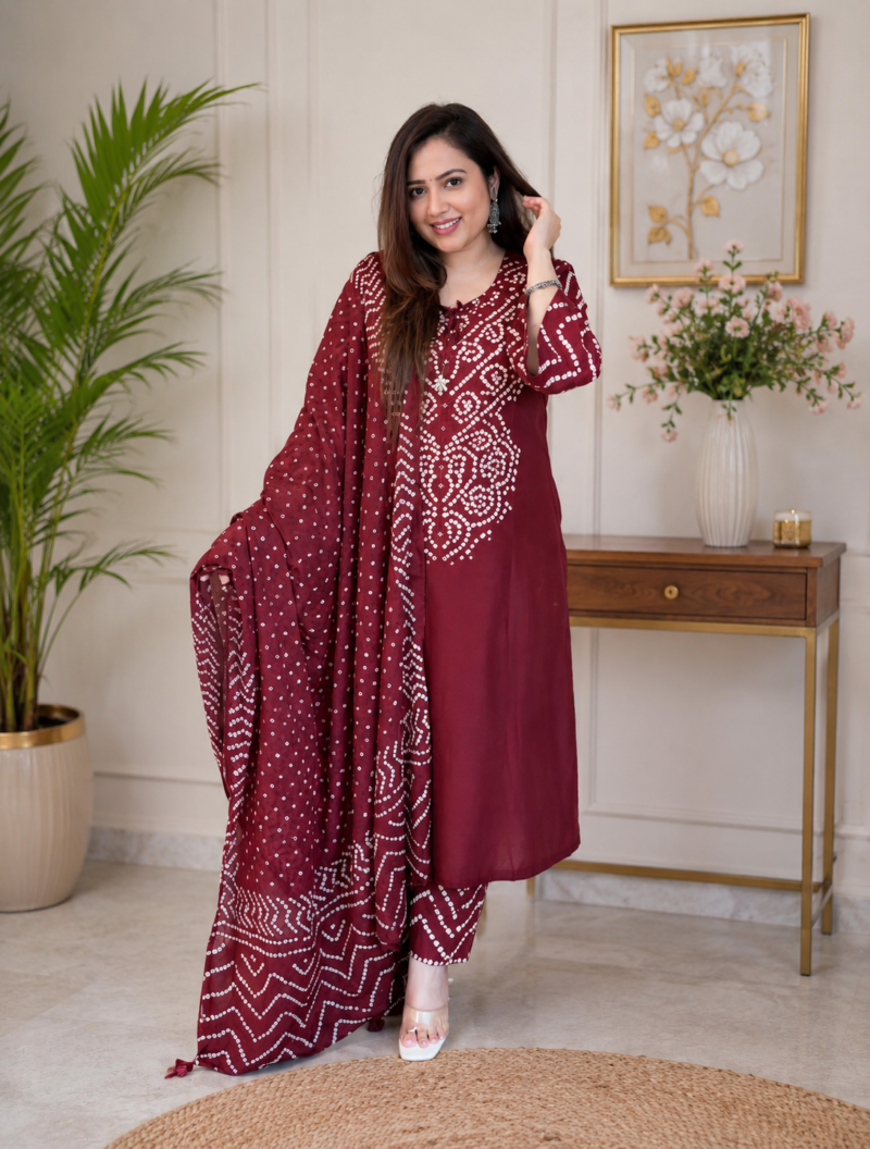 Women's Cotton Bandhani Printed 3 Piece Kurta Set with Dupatta – Maroon | SanganerKurtiWala