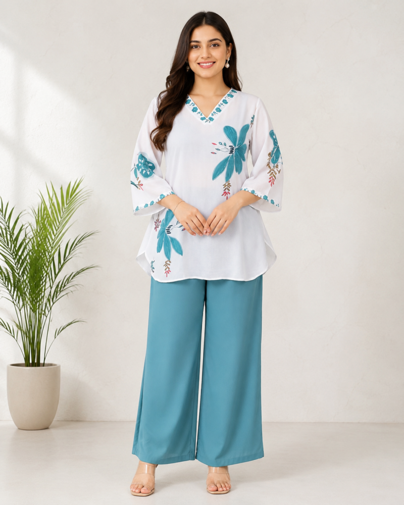 Women's Cotton Mul Floral Printed Co-Ord Set – White & Teal Blue | SanganerKurtiWala
