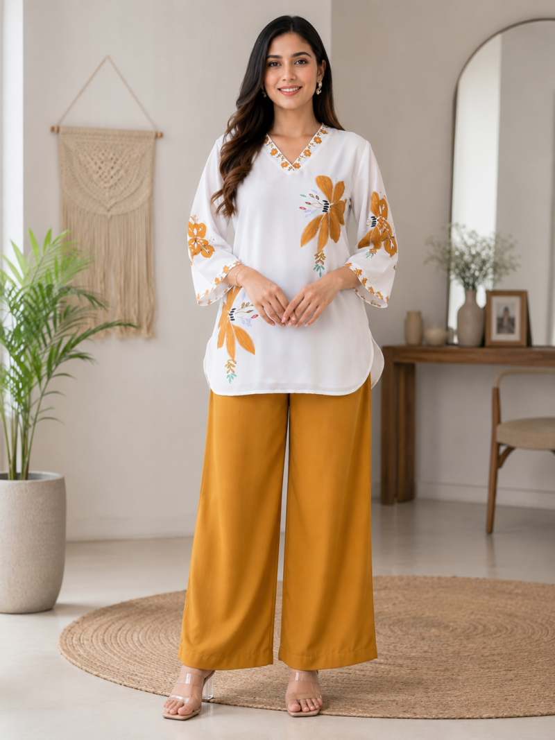 Women's Cotton Mul Floral Printed Co-Ord Set – White & Mustard Yellow | SanganerKurtiWala