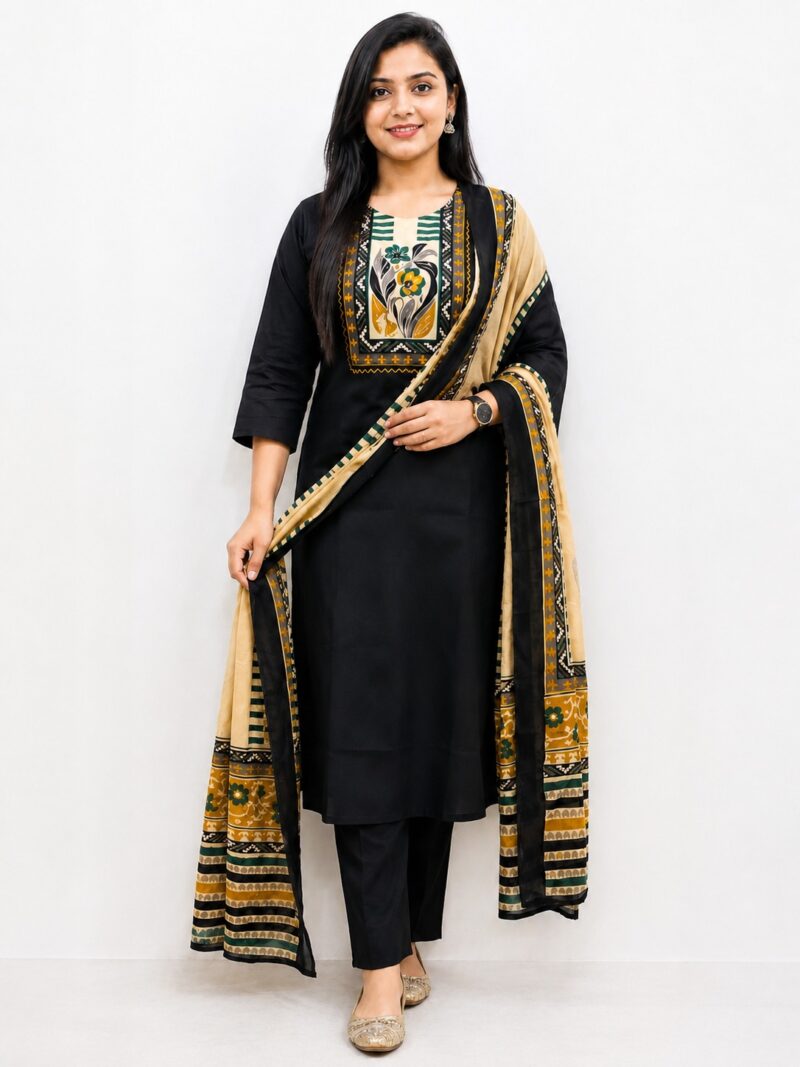 Women's Pure Cotton Printed Kurta Pant Dupatta Set | 3 Piece Ethnic Suit Set | Black & Red Color | Casual, Office & Festive Wear