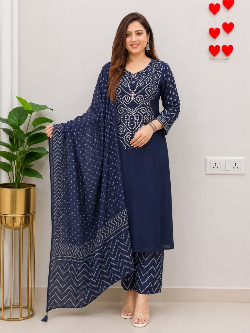 Women's Bandhej Cotton 3 Piece Kurta Set with Dupatta | Maroon & Blue | Sanganer Kurti Wala