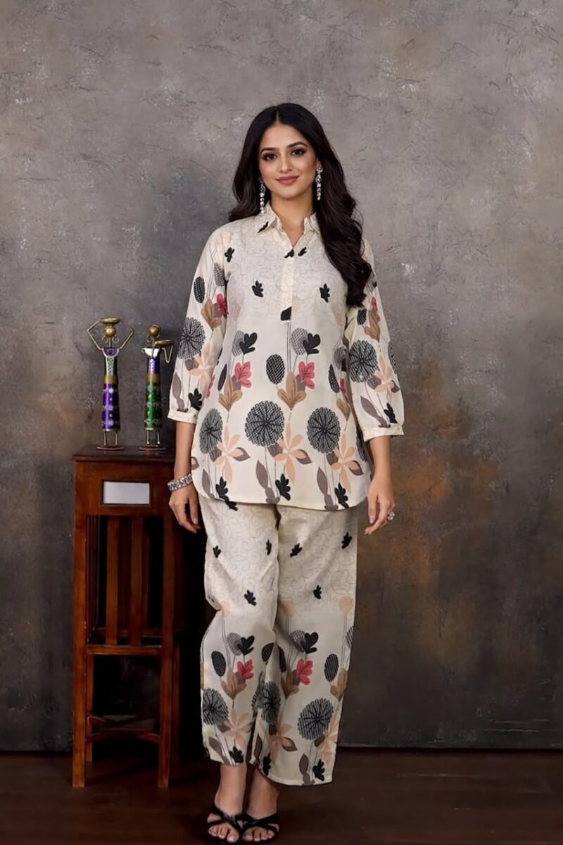 Women's Pure Cotton Printed Co-Ord Set | Floral Shirt & Palazzo Set | 2 Piece Casual Co-Ord Set | Beige