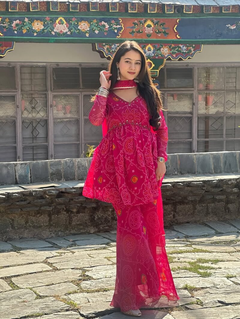 Women's Bandhani Printed Cotton Kurta Pant Dupatta Set | 3 Piece Ethnic Suit Set | Rani Pink | Festive & Traditional Wear