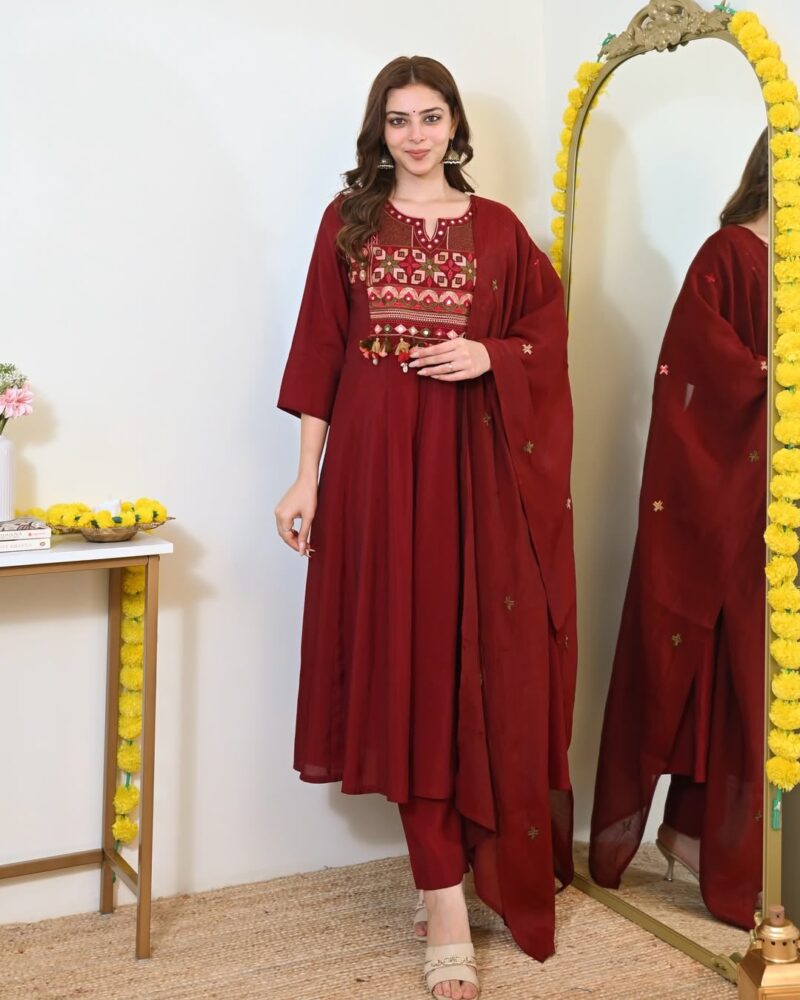 Women's Maroon Cotton 3 Piece Anarkali Kurta Set with Dupatta | Embroidered | Sanganer Kurti Wala