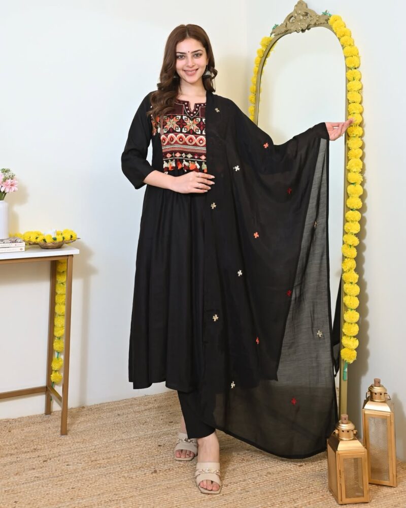 Women's Black Cotton 3 Piece Anarkali Kurta Set with Dupatta | Embroidered | Sanganer Kurti Wala