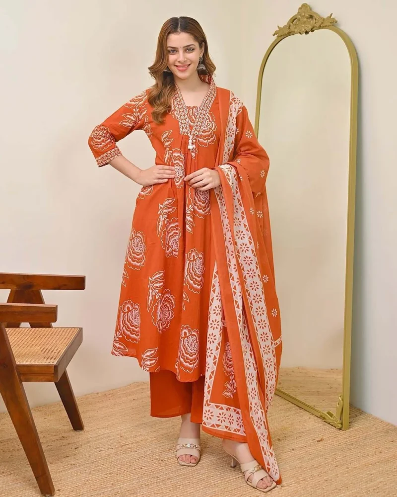Women's Cotton Floral Printed 3 Piece Kurta Set with Dupatta – Rust Orange | SanganerKurtiWala