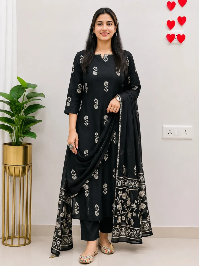 Women's Pure Cotton Printed Kurta Pant Dupatta Set | 3 Piece Ethnic Suit Set | Black & Red | Daily Wear, Office & Festive Wear