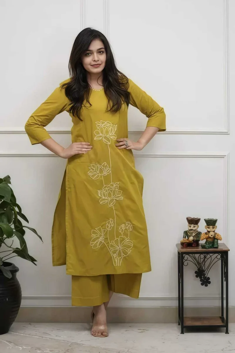 Women's Mustard Cotton 2 Piece Kurta Pant Set | Floral Embroidered | Sanganer Kurti Wala