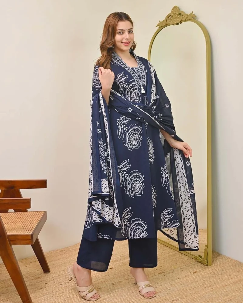 Women's Cotton Floral Printed 3 Piece Kurta Set with Dupatta – Navy Blue | SanganerKurtiWala