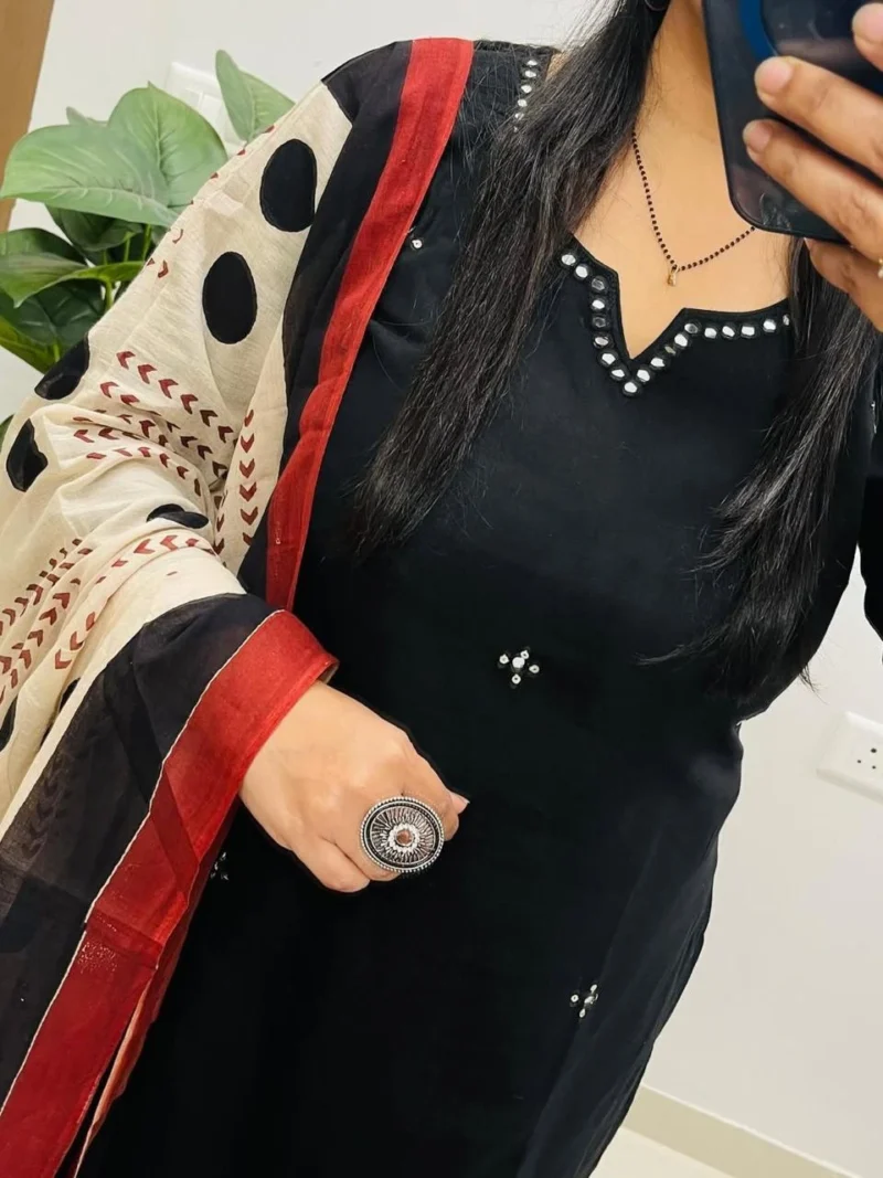 Women's Black Cotton 3 Piece Kurta Set with Dupatta | Embroidered | Sanganer Kurti Wala