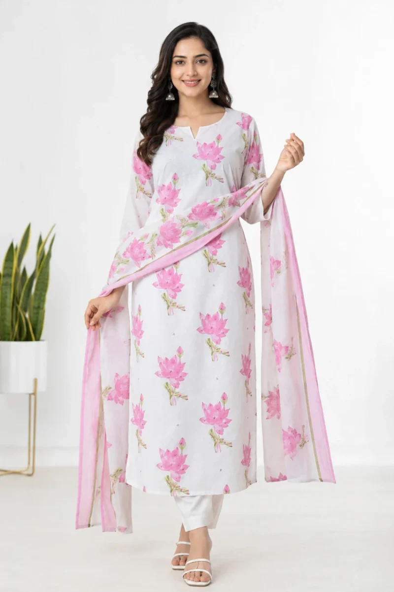Women's Pure Cotton Floral Printed Kurta Pant Dupatta Set | 3 Piece Ethnic Suit Set | Pink & Mint Green | Summer Wear