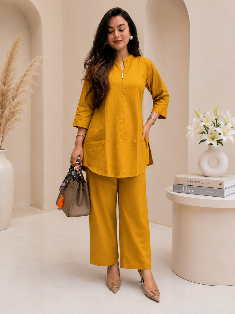 Mustard Yellow Co-Ord Set for Women – Stylish Kurta & Wide Leg Pants