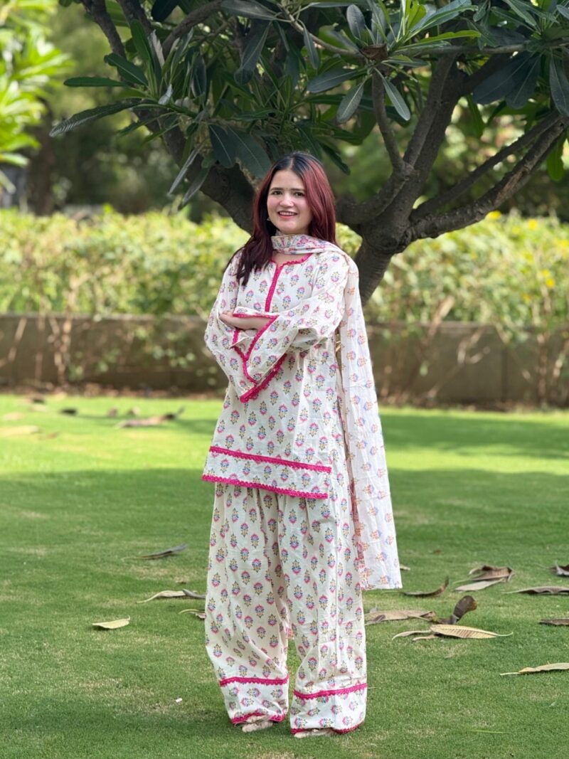 Women’s White Floral Printed Cotton 3-Piece Suit Set with Palazzo & Dupatta
