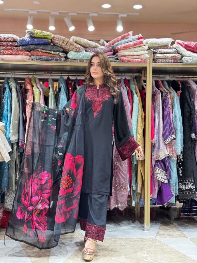 Women’s Black Cotton 3-Piece Suit Set with Floral Printed Dupatta | Embroidered Kurta & Pant
