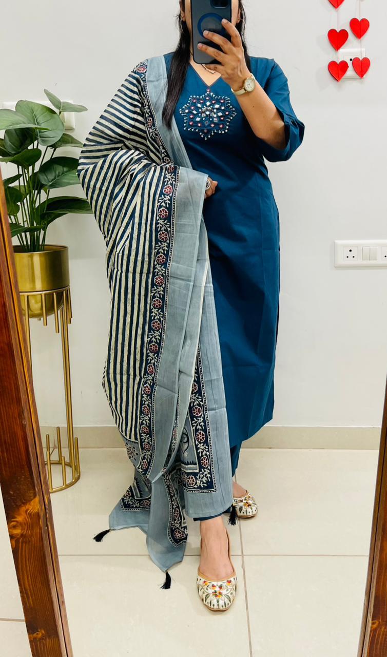 Women’s Blue Cotton 3-Piece Printed Suit Set with Embroidered Kurta, Printed Dupatta & Bottom