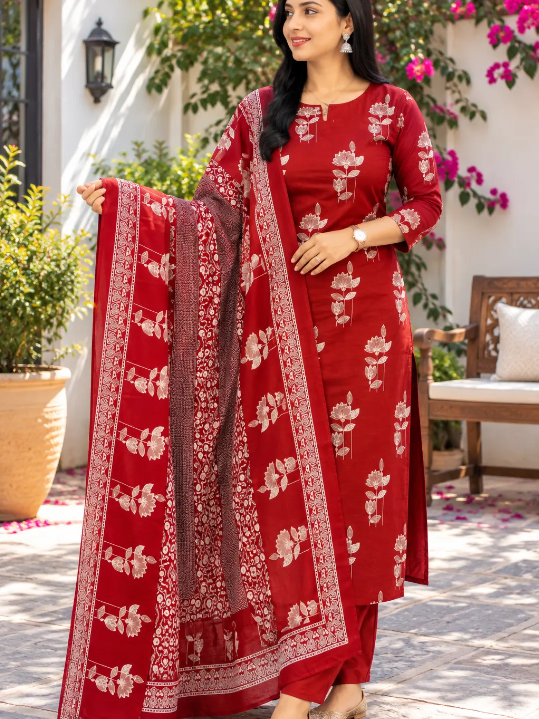 Vanya Lifestyle Women's Red Floral Printed Kurta Pant Dupatta Set